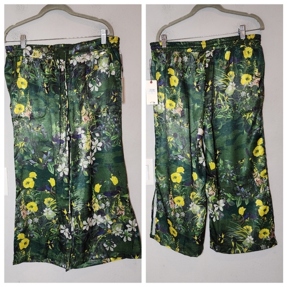NWT Ted Baker Satin 2 Piece Pajama Set Boxy Green Botanical Birds Size Large - Picture 4 of 16